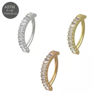 G23 Grade Titanium Vertical Baguette CZ Crystal Lined Hinged Curved Bar Belly Button Ring