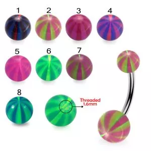 316L Surgical Steel Banana Belly Bar With Double Toned Watermelon Stripes UV Balls