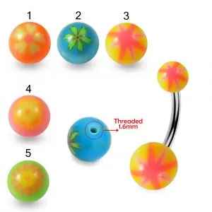 316L Surgical Steel Banana Belly Bar With Multi Color Printed Design UV Ball