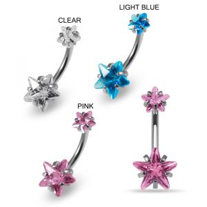 316L Surgical Steel Banana Belly Bar with Double Star CZ Stone 