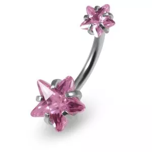 316L Surgical Steel Banana Belly Bar with Double Star CZ Stone 