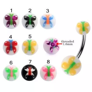 316L Surgical Steel Banana Belly Bar With Butterfly UV Balls