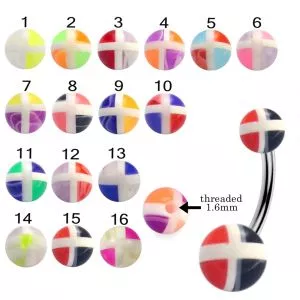 316L Surgical Steel Banana Belly Bar With Multi Color Checked  UV Balls