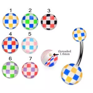 316L Surgical Steel Banana Belly Bar With Checked Design UV Balls