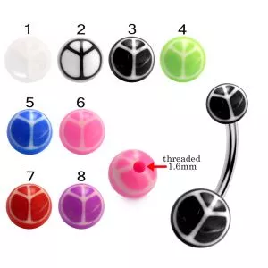 316L Surgical Steel Banana Belly Bar With Hand Painted Peace Design UV Balls