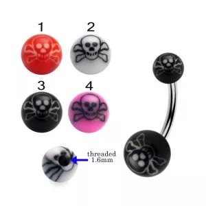 316L Surgical Steel Banana Belly Bar With Hand Painted Skull Design UV Balls