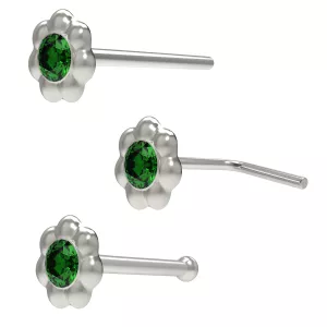 Embossed Flower Shaped Single Stoned Rhinestone Jeweled 925 Sterling Silver Nose Pin