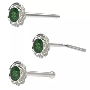 Twisted Flower Shaped Single Stoned Rhinestone Jeweled 925 Sterling Silver Nose Pin