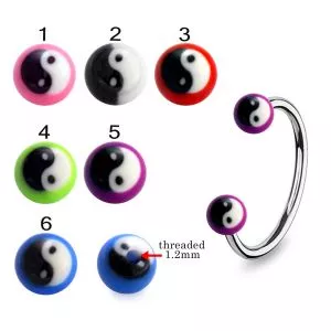 316L Surgical Steel Eyebrow Circular Barbell With Hand Painted Ying Yang Design UV Balls