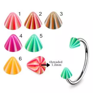 316L Surgical Steel Eyebrow Circular Barbell With Multi Colorful Stripes UV Cones