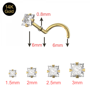 14K Gold Square CZ Jeweled Nose Screw