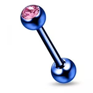 Dark Blue PVD Anodized Tongue Barbell with CZ Jeweled Stone Ball