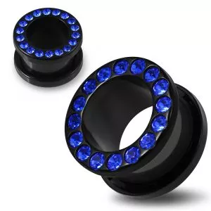 Multi Dark Blue Crystal Stone on Black UV Acrylic Screw Fit Flesh Tunnel Ear Piercing
