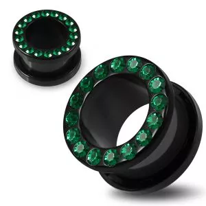 Multi Emerald Green Crystal Stone on Black UV Acrylic Screw Fit Flesh Tunnel Ear Piercing
