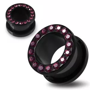 Multi Purple Crystal Stone on Black UV Acrylic Screw Fit Flesh Tunnel Ear Piercing