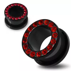 Multi Red Crystal Stone on Black UV Acrylic Screw Fit Flesh Tunnel Ear Piercing