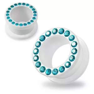 Multi Blue Zircon Crystal Stone on White UV Acrylic Screw Fit Flesh Tunnel Ear Piercing