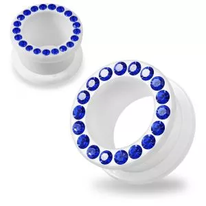 Multi Dark Blue Crystal Stone on White UV Acrylic Screw Fit Flesh Tunnel Ear Piercing