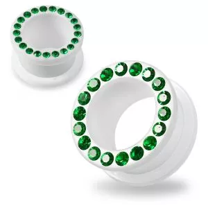 Multi Dark Green Crystal Stone on White UV Acrylic Screw Fit Flesh Tunnel Ear Piercing