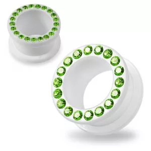 Multi Light Green Crystal Stone on White UV Acrylic Screw Fit Flesh Tunnel Ear Piercing
