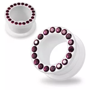 Multi Purple Crystal Stone on White UV Acrylic Screw Fit Flesh Tunnel Ear Piercing