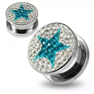 316L surgical steel Blue Zircon Star on Clear Background CZ Jeweled Tunnel