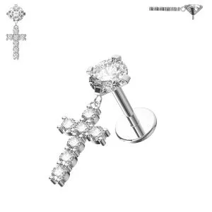 Jeweled Cross Internally Threaded Screw Fit Dangling Tragus Piercing