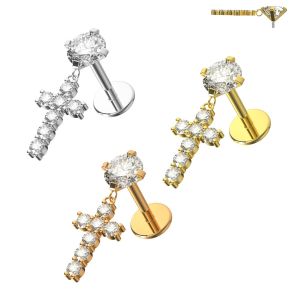 Jeweled Cross Internally Threaded Screw Fit Dangling Tragus Piercing