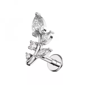 316L Surgical Steel CZ Stone Leaf Design Internally Threaded Top with Flat Back Labret