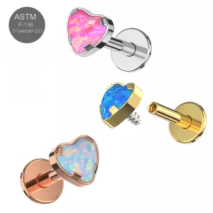 G23 Grade Titanium Heart Shape Opal Stone Internally Threaded Top With Flat Back Labret