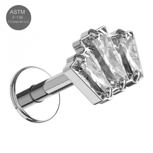 G23 Grade Titanium Triple Baguette CZ jeweled Internally Threaded Top with Flat Back Labret
