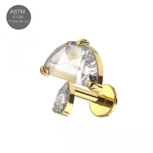 G23 Grade Titanium CZ Jeweled Mushroom Design Internally Threaded Top With Flat Back Labret