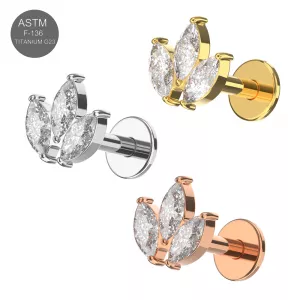 G23 Grade Titanium Marquise CZ Jeweled Leaf Set Internally Threaded Top With Flat Back Labret
