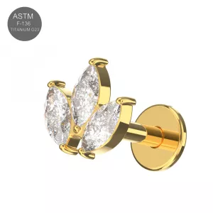 G23 Grade Titanium Marquise CZ Jeweled Leaf Set Internally Threaded Top With Flat Back Labret