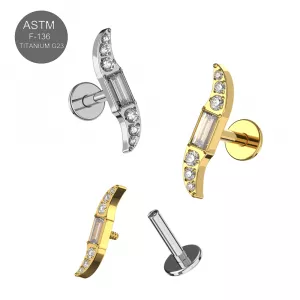 G23 Grade Titanium CZ jeweled Wave Design Internally Threaded Top with Flat Back Labret