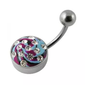 316 Surgical Steel Multi Color painted Crystal Curved Bar Navel Ring with Steel Base