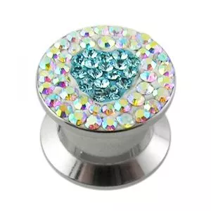 Stainless Steel Blue Heart with Clear CZ Gem Screw Fit Ear Flesh Tunnel Plugs