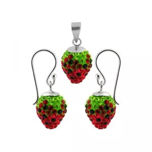 Red And Green Crystal stone Studded Silver Red Cherry Jewelry Set