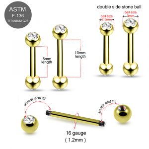 G23 Titanium Gold Anodized Straight Barbell with Flat CZ Stone Ball