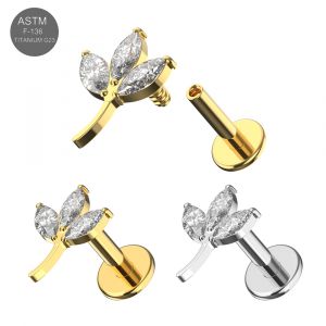 G23 Titanium Leaf CZ Internally Threaded top with Round Base Labret