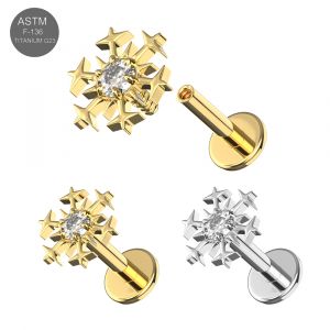 G23 Titanium Snowflake CZ Internally Threaded top with Round Base Labret