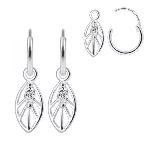 925 Sterling Silver Hanging Cut Out Leaf with CZ Stone Huggie Earrings