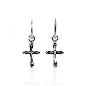 925 Sterling Silver Segment Hoop Ear Ring With Dangling Cross