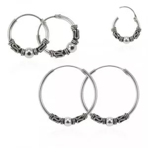 925 Sterling Silver Oxidized Bali Segment Hoop Ear Rings With Center Bead