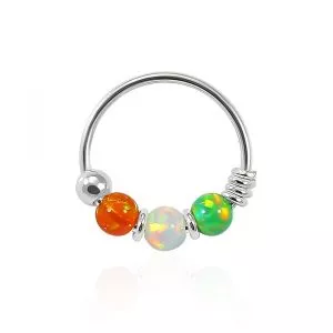 925 Sterling Silver Orange Green with AB Opal Bead in Center Nose Hoop Ring