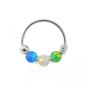 925 Sterling Silver Blue Green with AB Opal Bead in Center Nose Hoop Ring