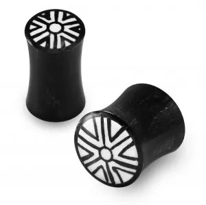 Double Flared Zentangle Pattern Inlay Organic Horn Saddle Ear Plug