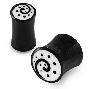 Double Flared Swirl Dotted Inlay Organic Horn Saddle Ear Plug