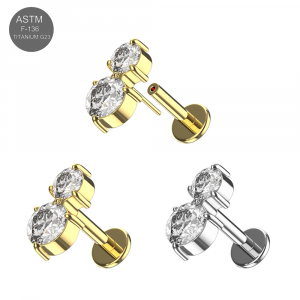 Implant Grade Titanium Double Oval CZ Threadless Pin Tragus Top with Labret