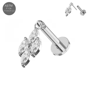 G23 Titanium 4 CZ Marquise Jeweled Hanging Threadless Pin Tragus Top with Labret